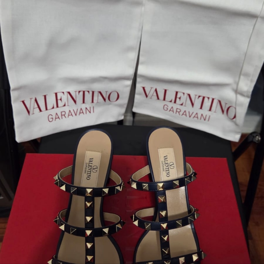 Valentino Black and Gold Studded Sandals - Picture 2 of 6